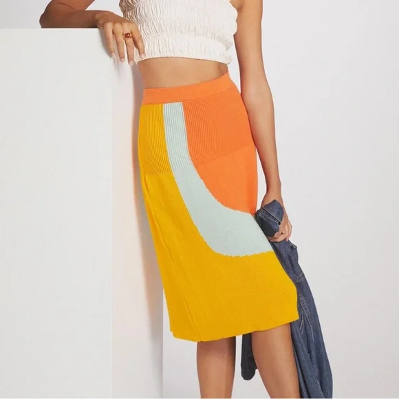 Anthro Margo Baridon Colorblocked Knit Midi Skirt - Picture 1 of 12